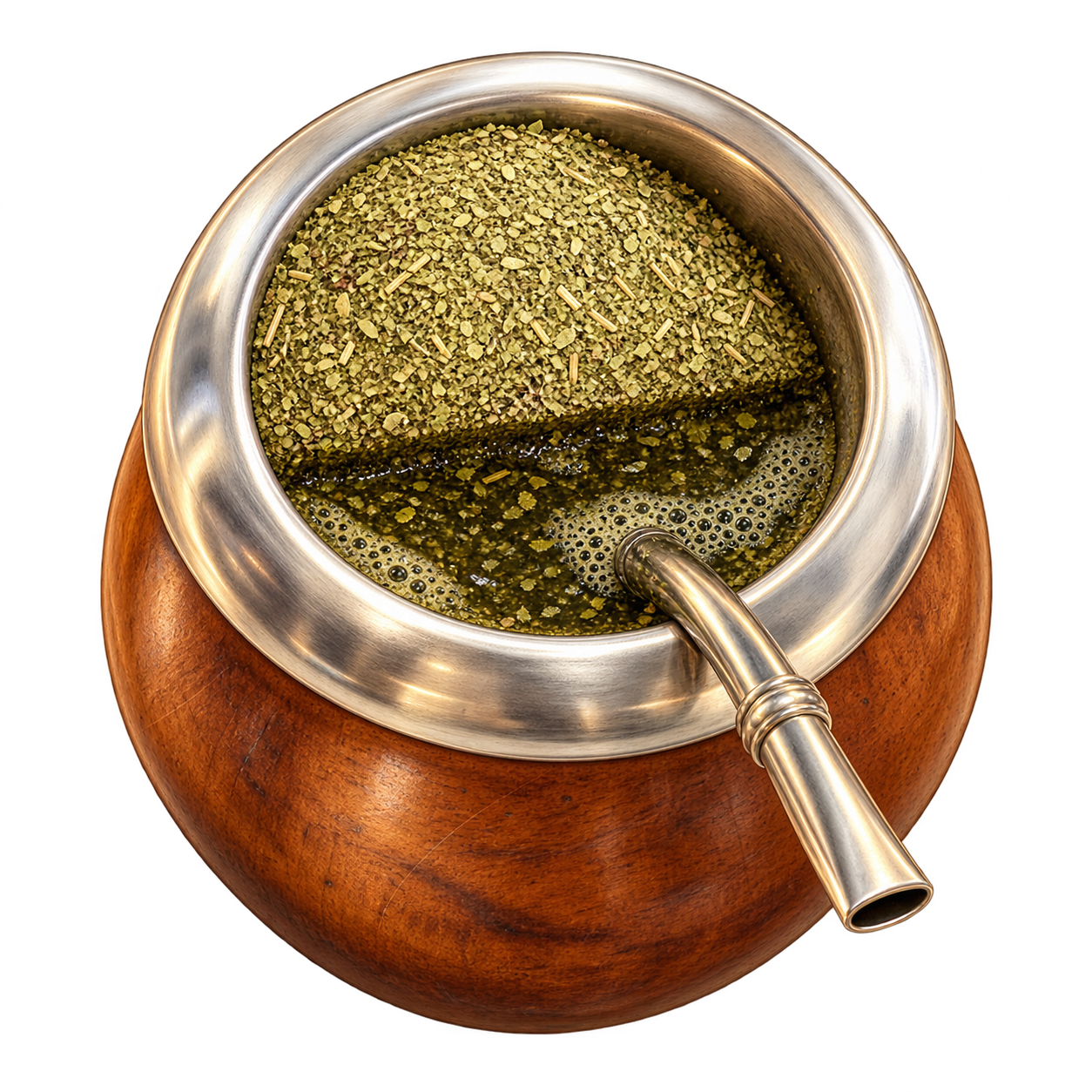 Ilustración de un mate de madera con montañita de yerba y bombilla