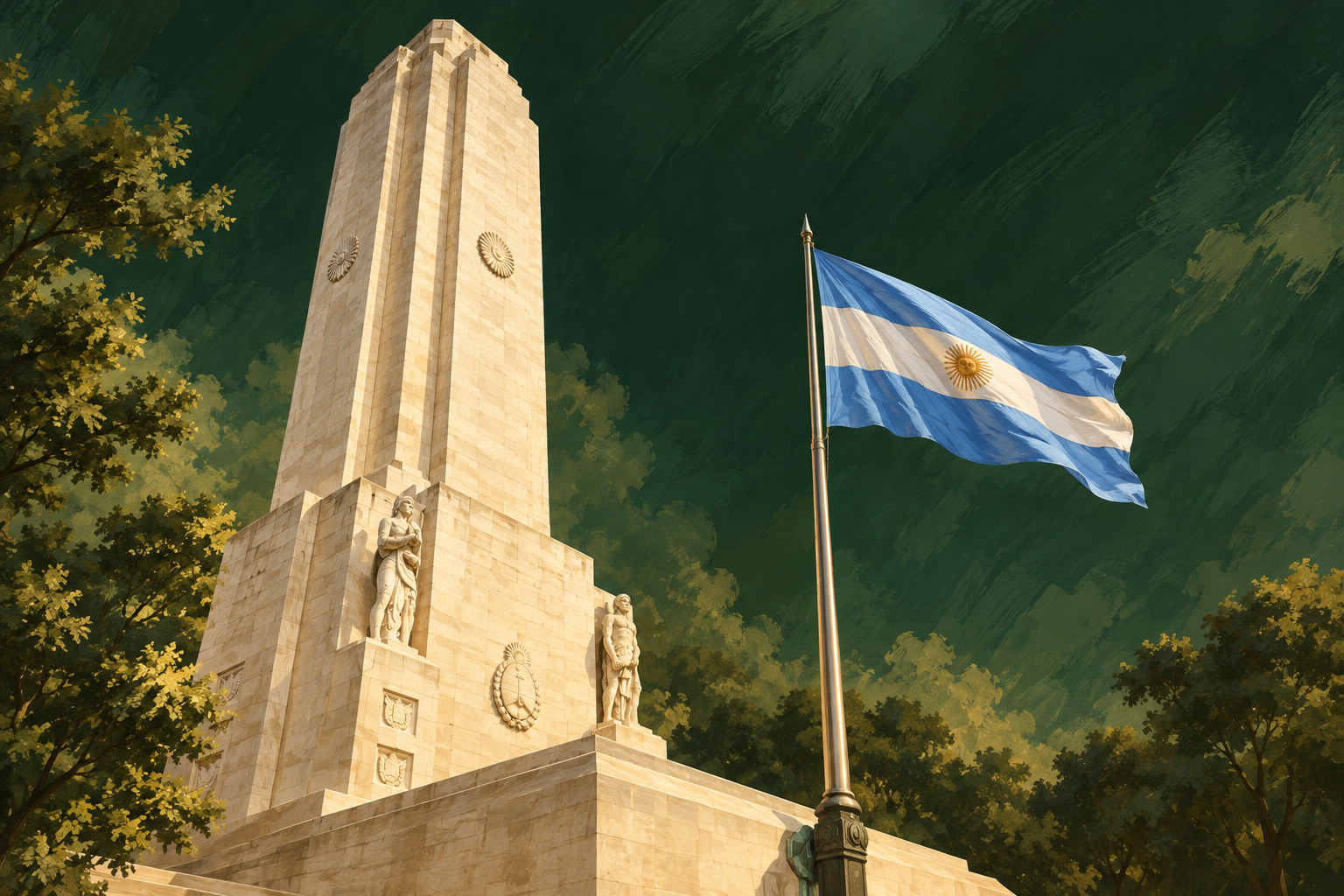 Ilustración del Monumento Nacional a la Bandera de Rosario con bandera argentina